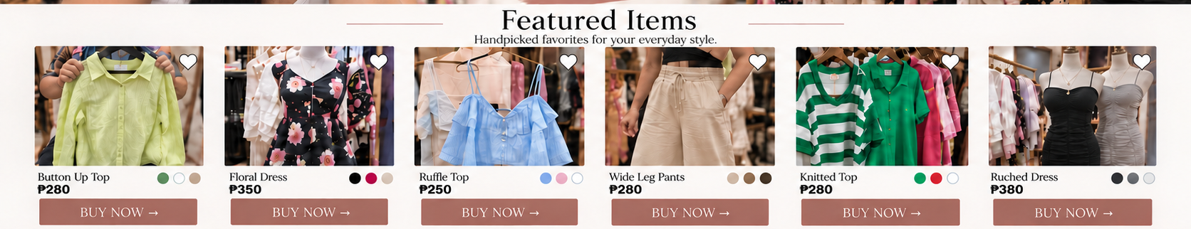 Featured Classy U clothing items with prices and Buy Now buttons.