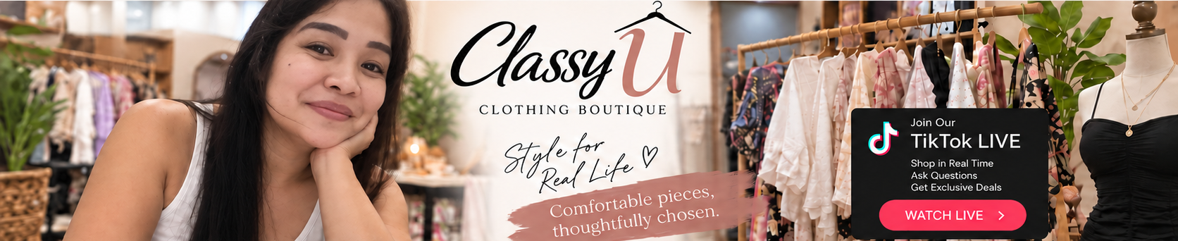 Classy U Clothing Boutique hero with the shop owner, clothing rack, brand logo, and TikTok Live panel.